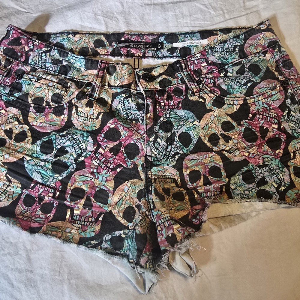 Lovesick Black and Pink Jean Shorts Skull Print